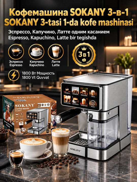 Кофемашина SOKANY SK-04041 3-в-1, 1800Вт, эспрессо, резервуар воды 1.8л,молочный бак 500мл - 