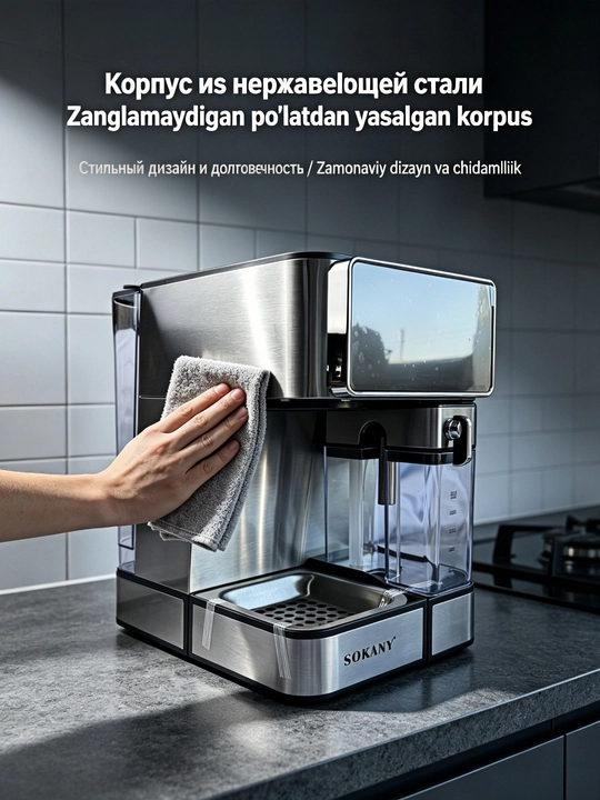 Кофемашина SOKANY SK-04041 3-в-1, 1800Вт, эспрессо, резервуар воды 1.8л,молочный бак 500мл