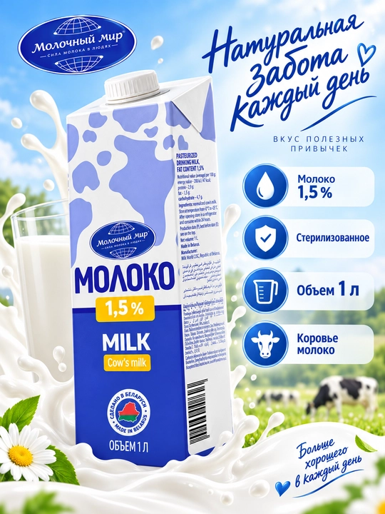 "Molochniy mir" ichimlik sut, pasterizatsiya qilingan, 1,5%, 1 l - 