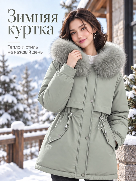 Куртка женская удлинённая с капюшоном и меховой опушкой, с утяжкой на талии - 
