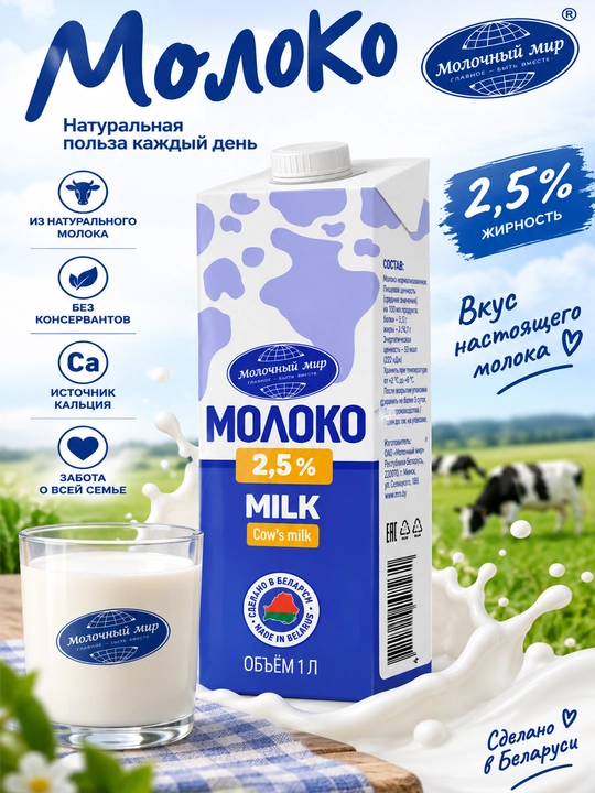 Molоchniy mir pasterizatsiyalangan ichimlik suti 2,5%, 1 litr - 