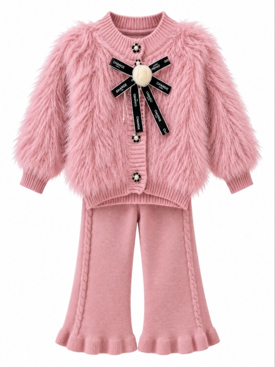 Трикотажный комплект для девочек с декоративным кардиганом и брюками - 