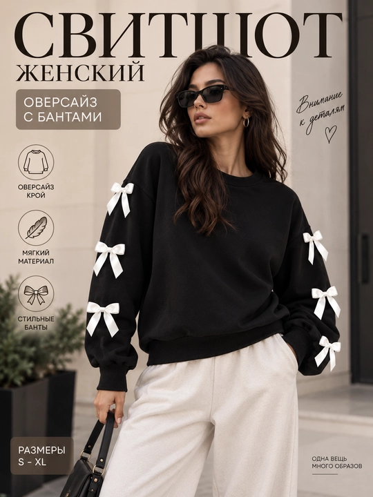 Кофта женский оверсайз с бантиками, толстовка, хлопок без капюшона, свободный - 
