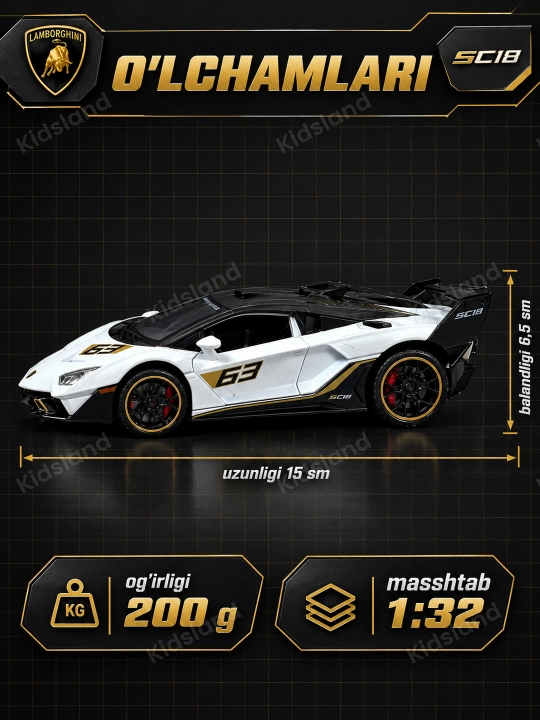 Lamborghini SC18 1-32, temir mashina, svet, ovoz, inersiya