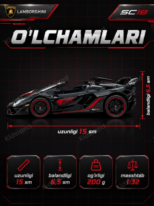 Lamborghini SC18 1-32, temir mashina, svet, ovoz, inersiya