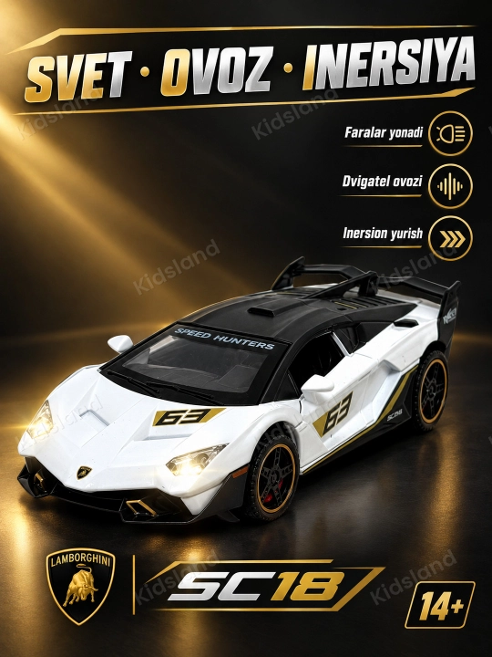 Lamborghini SC18 1-32, temir mashina, svet, ovoz, inersiya