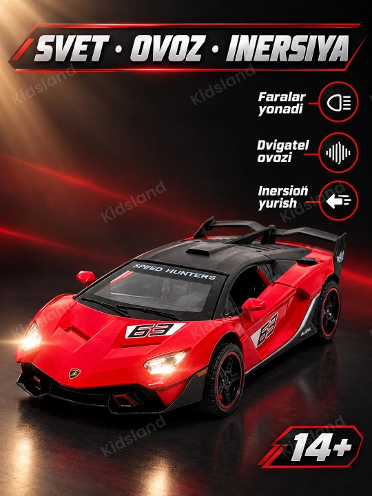 Lamborghini SC18 1-32, temir mashina, svet, ovoz, inersiya