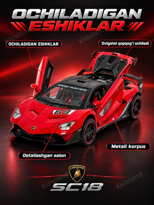 Lamborghini SC18 1-32, temir mashina, svet, ovoz, inersiya