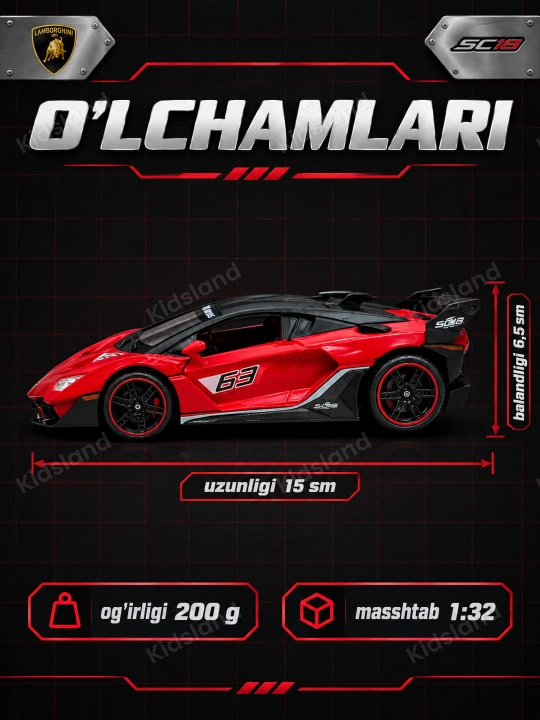 Lamborghini SC18 1-32, temir mashina, svet, ovoz, inersiya