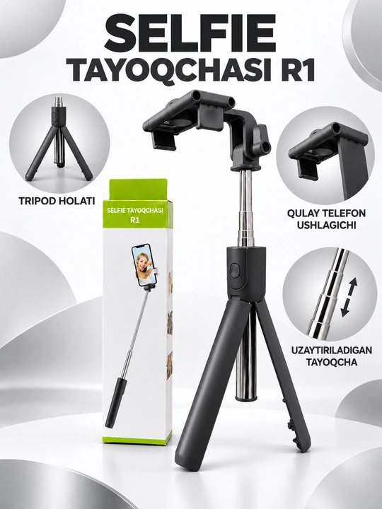 Bluetooth bilan jihozlangan R1 3 ta 1 da selfi tayoqchasi, monopod va shtativ, 70 sm, qora