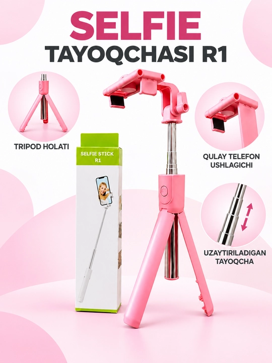 Bluetooth bilan jihozlangan R1 3 ta 1 da selfi tayoqchasi, monopod va shtativ, 70 sm, qora