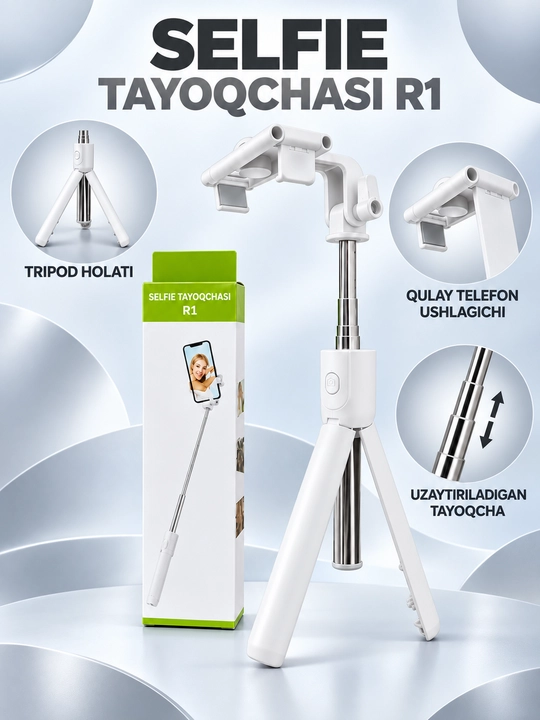 Bluetooth bilan jihozlangan R1 3 ta 1 da selfi tayoqchasi, monopod va shtativ, 70 sm, qora