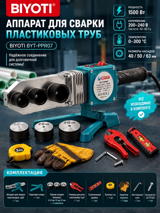 BYT-PPR07 plastik quvurlarni payvandlash apparati, 1500 Vt, 0–300°C,40/50/63 mm nasadkalar - 