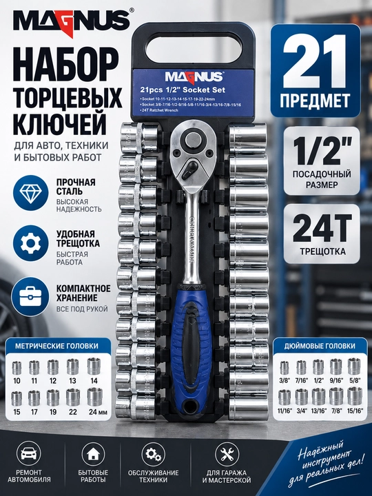Набор торцевых ключей MAGNUS 21 предмет, 1/2", с трещоткой - 