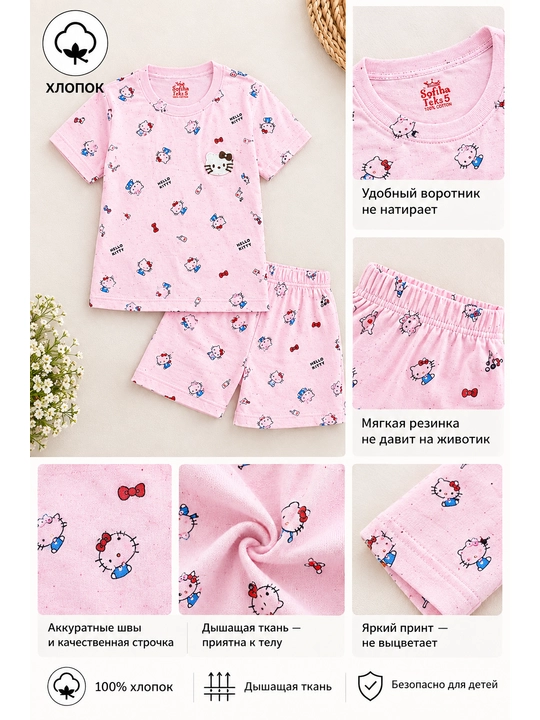 3-4 yoshli bolalar uchun paxtali pijama, itlar tasvirlangan ko‘k futbolka va shortik