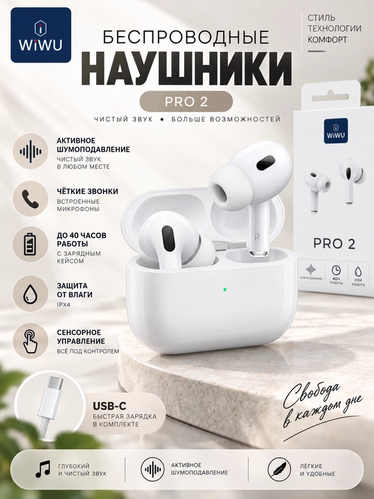WiWU Pro 2 simsiz quloqchin Bluetooth, shovqinni kamaytirish, mikrofon va USB-C - 