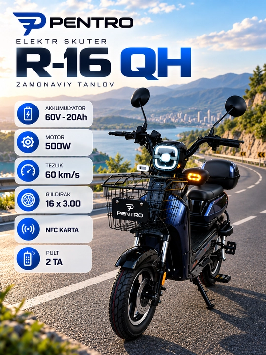 Электроскутер PENTRO R-16 QH 60V 20Ah, 500W, 60 км/ч, NFC, 2 пульта - 