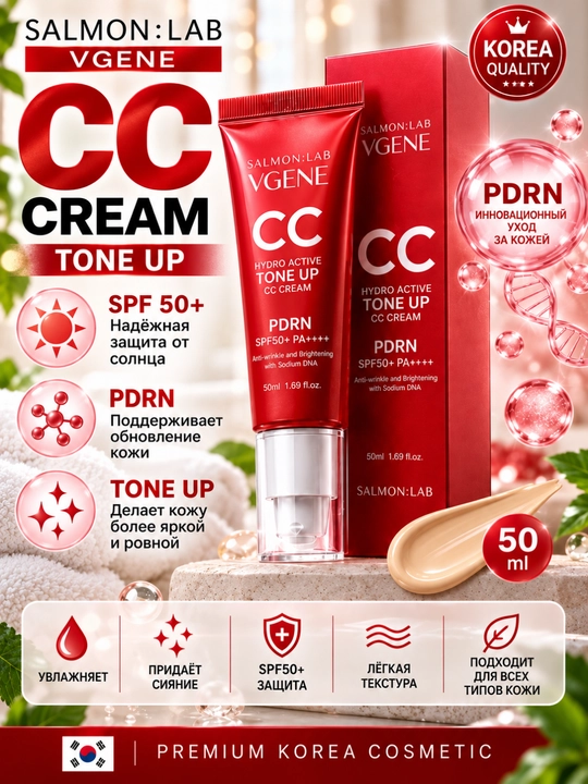 Salmon Lab Vgene CC krem PDRN SPF50+ PA++++, tone up, yuz uchun ton krem, 50 ml