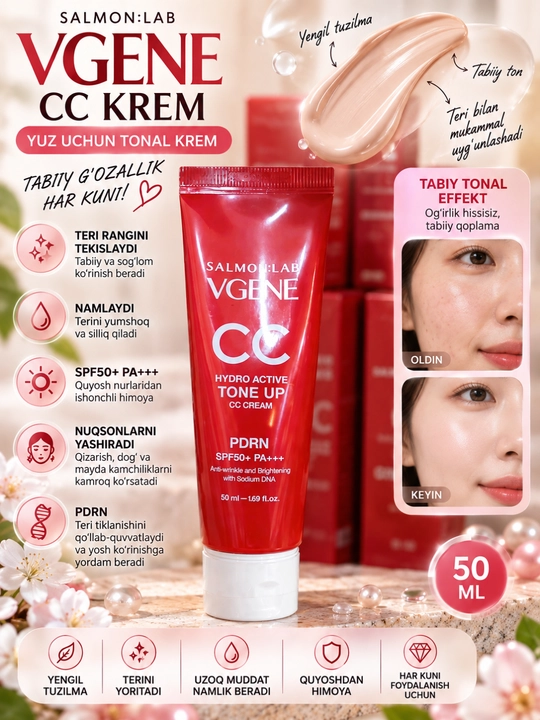 Salmon Lab Vgene CC krem PDRN SPF50+ PA++++, tone up, yuz uchun ton krem, 50 ml