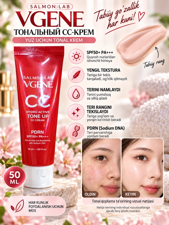 Salmon Lab Vgene CC krem PDRN SPF50+ PA++++, tone up, yuz uchun ton krem, 50 ml