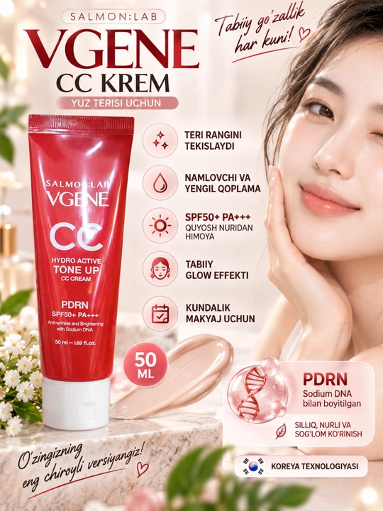 Salmon Lab Vgene CC krem PDRN SPF50+ PA++++, tone up, yuz uchun ton krem, 50 ml