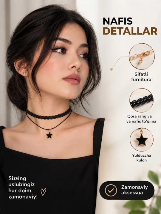 Nafis choker-marjon, metall elementlarga ega zamonaviy dizayn