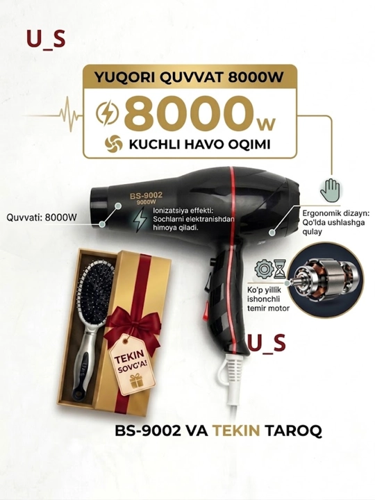 Soch quritgich fenlar, massaj taroq sovg'aga, fen soch quritgich