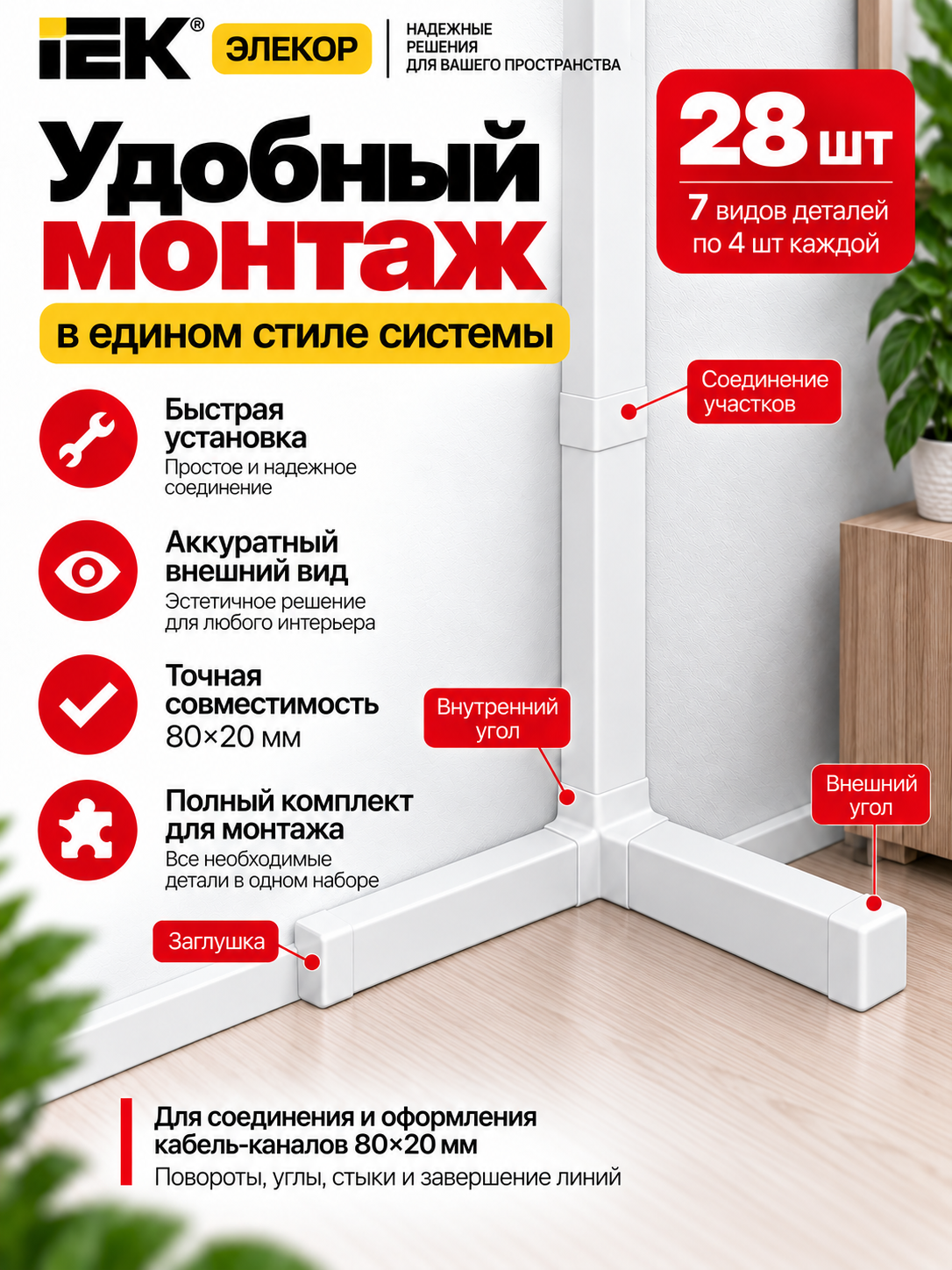 ELEKOR 80×20 mm IEK kabel-kanali uchun aksessuarlar to‘plami, 7 xil