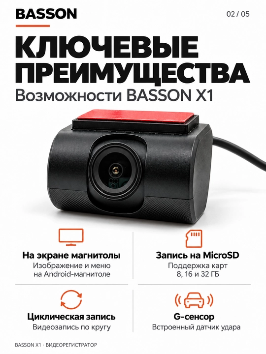 BASSON X1 Android magnitola uchun videoregistrator, HD 720p, 170° ko‘rish burchagi