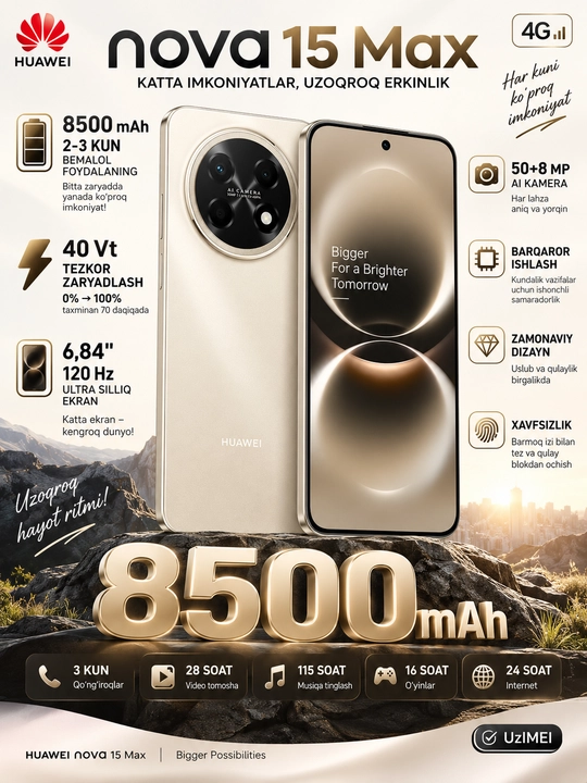 Смартфон Huawei Nova 15Max 4G 50+8 Мп аккумулятор 8500 мaч 40 Вт дисплей 6,84 120Гц UzIMEI - 