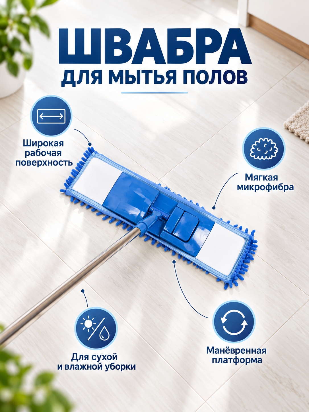 Швабра телескопическая с насадкой, из микрофибры, для мытья полов