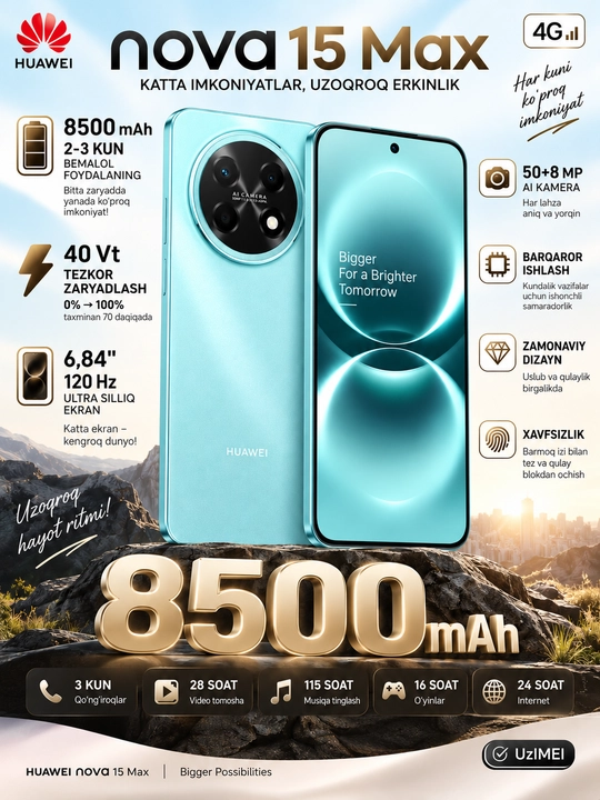 Смартфон Huawei Nova 15Max 4G 50+8 Мп аккумулятор 8500 мaч 40 Вт дисплей 6,84 120Гц UzIMEI - 
