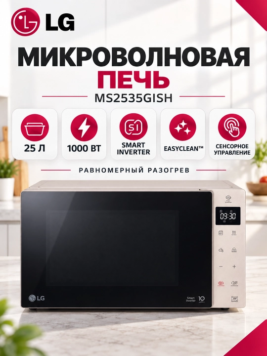Mikroto'lqinli pech LG, Solo Smart Inverter texnologiyasi bilan, 25 litr - 