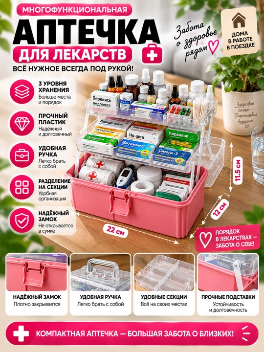 Органайзер для аптечки, ящик для хранения медикаментов с ручкой, 2 размера - 