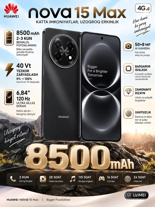 Смартфон Huawei Nova 15Max 4G 50+8 Мп аккумулятор 8500 мaч 40 Вт дисплей 6,84 120Гц UzIMEI - 