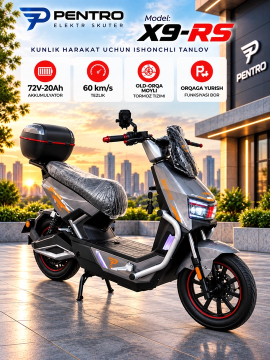 Электроскутер X9-RS 72V 20Ah, 60 км/ч, гидравлические тормоза, задний ход - 