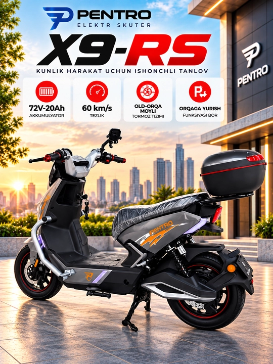 Электроскутер X9-RS 72V 20Ah, 60 км/ч, гидравлические тормоза, задний ход