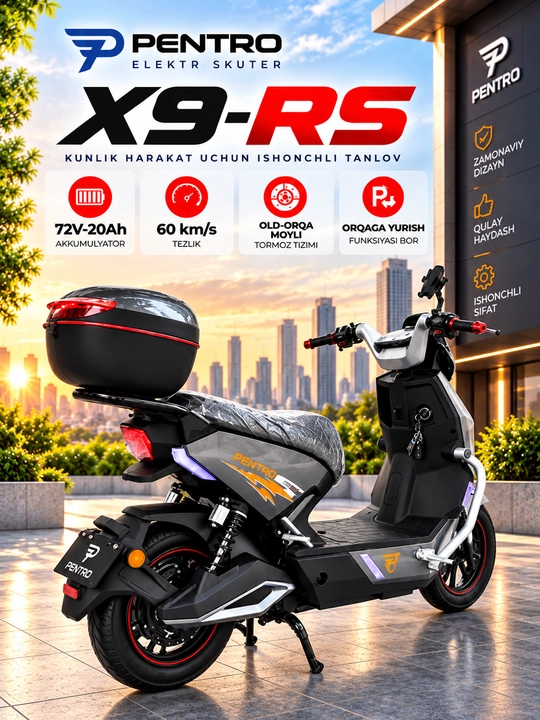 Электроскутер X9-RS 72V 20Ah, 60 км/ч, гидравлические тормоза, задний ход