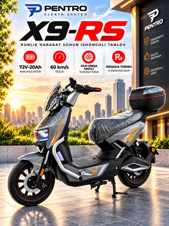Электроскутер X9-RS 72V 20Ah, 60 км/ч, гидравлические тормоза, задний ход