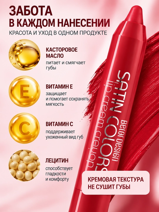 Помада-карандаш для губ Smart girl SATIN COLORS тон 15, 2,3 гр, Belor Design