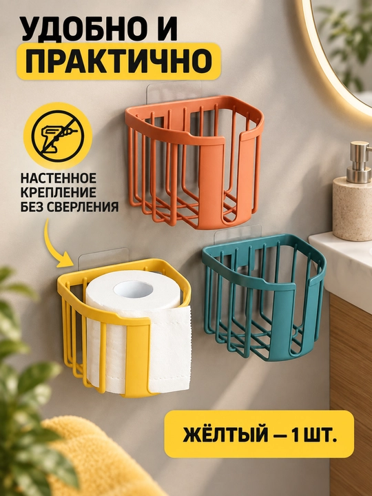 Держатель туалетной бумаги с липучкой, настенный, желтый, 1 шт