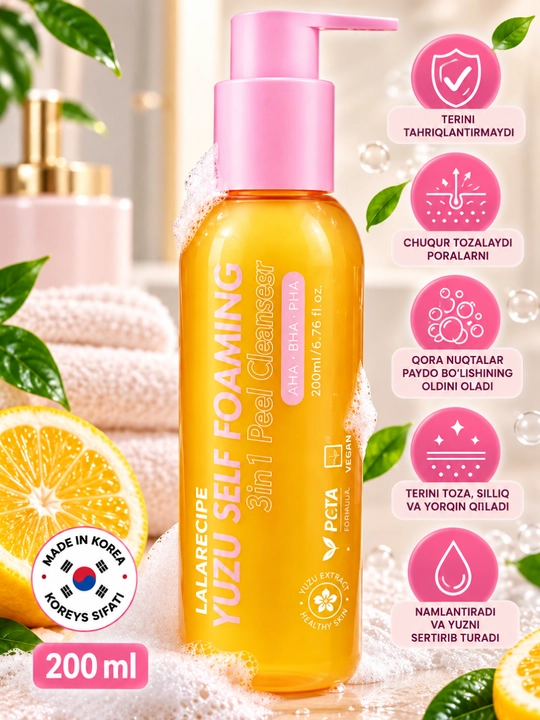LALARECIPE Yuzu 3-in-1 yuz yuvish penkasi, piling, skrab AHA BHA PHA, Vitamin C, 200 ml