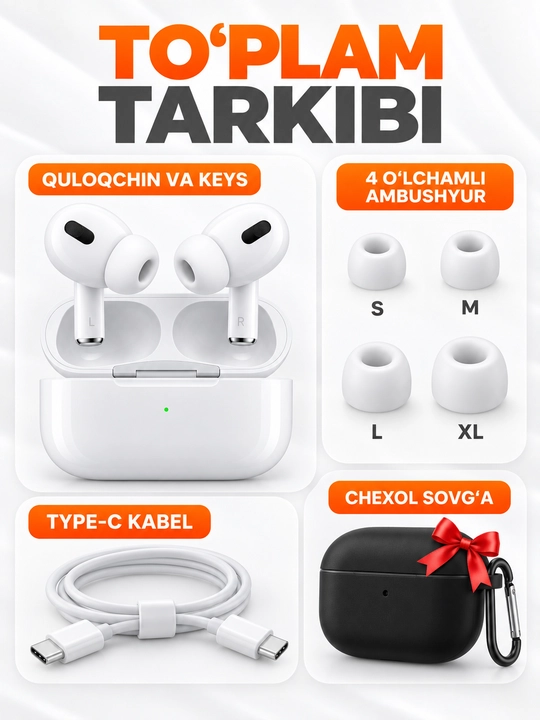 Simsiz Bluetooth quloqchin A Pods Pro 2, sensorli naushnik, chexol sovg‘a