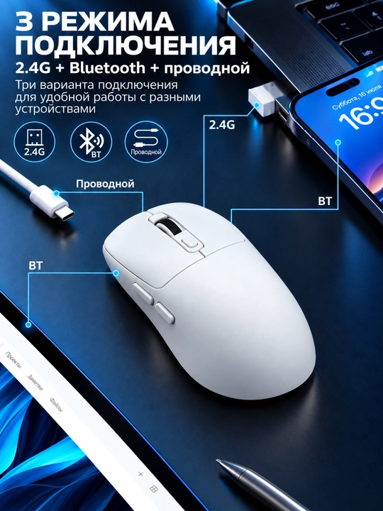 Беспроводная мышь 206, Bluetooth, 2.4G и проводное подключение