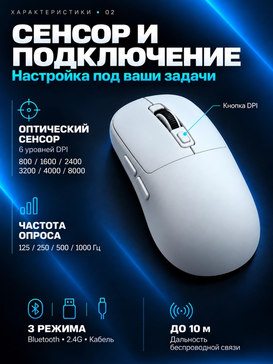 Беспроводная мышь 206, Bluetooth, 2.4G и проводное подключение