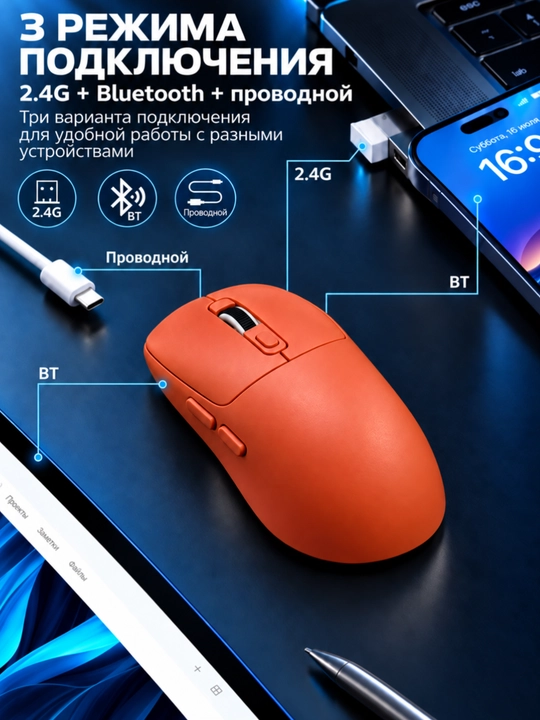 Беспроводная мышь 206, Bluetooth, 2.4G и проводное подключение