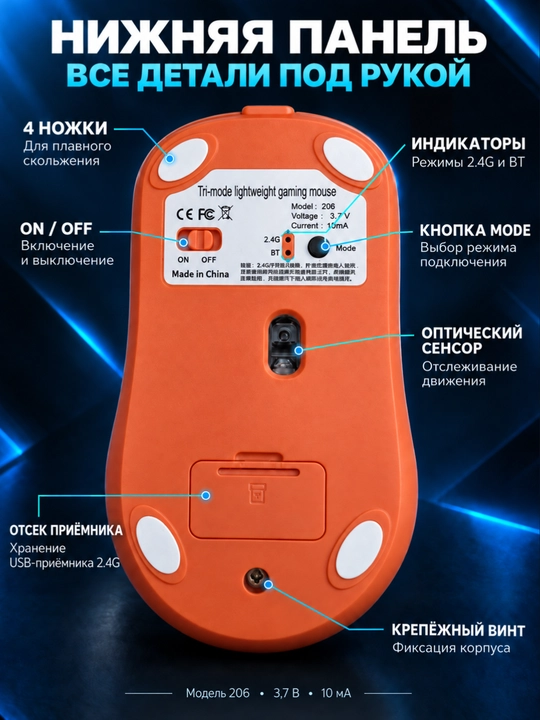 Беспроводная мышь 206, Bluetooth, 2.4G и проводное подключение