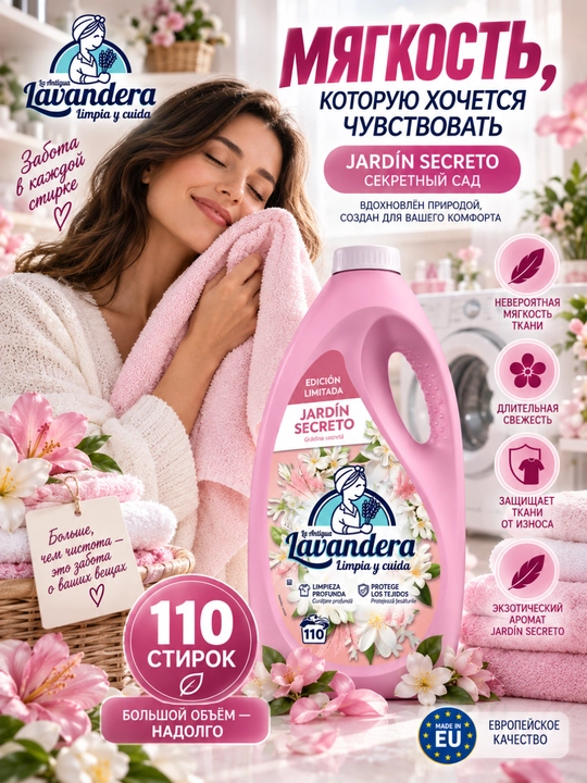 Гель для стирки Lavandera Jardin Secreto «Тайный сад», универсальный, 4,95 л, 110 стирок