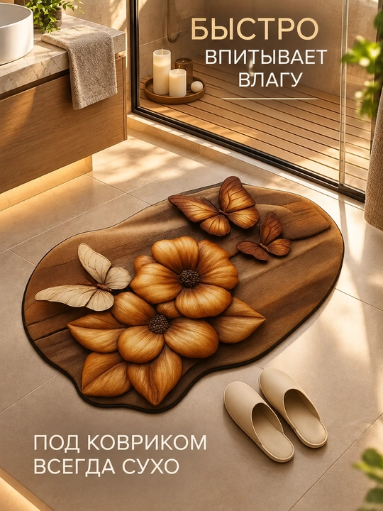 Коврик для ванной и кухни "Бабочки", 3D, впитывающий, противоскользящий