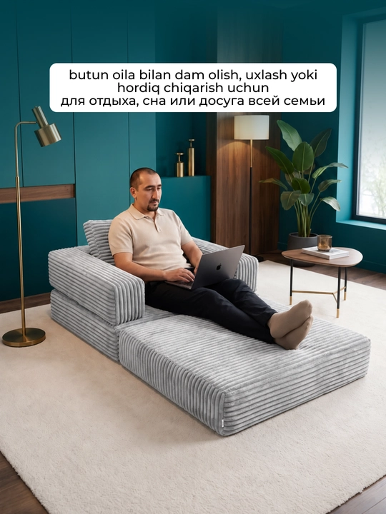 Karkassiz burchakli divan modul 260×160 sm, yumshoq mehmonxona uchun
